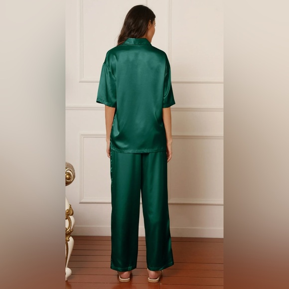 Emerald Green Satin Pajama Set- Short Sleeve Button Down - Picture 3 of 4